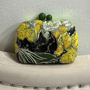 Sequin Floral Clutch with Green Accents